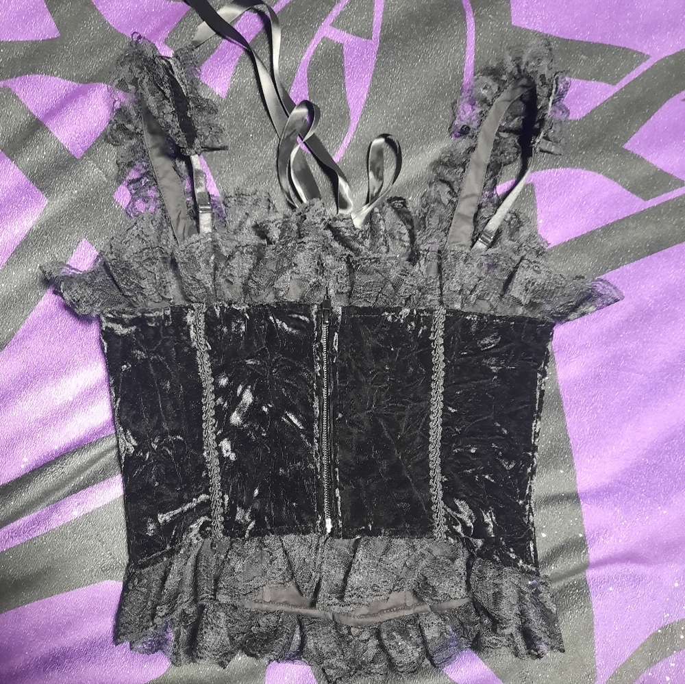 Dolls Kill Black Lace-Up Velvet Corset Top with Purple Accents - Picture 3 of 4